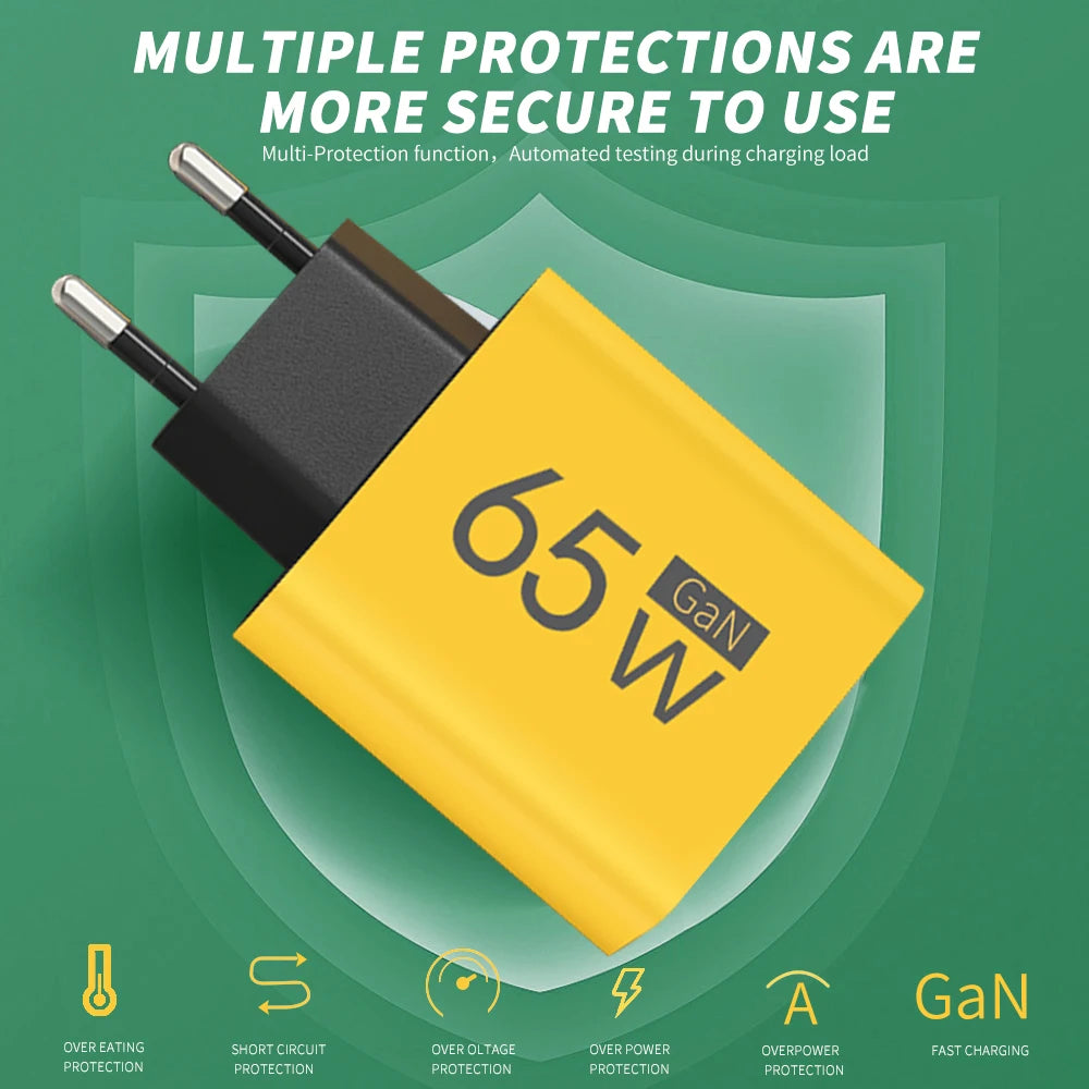 Power Up Anywhere! ⚡️ 65W Gan USB C Fast Charger - 3-in-1 Multi-Port Quick Charge for iPhone, Samsung, Xiaomi & More! 🌍🔌 #TravelCharger #FastCharging