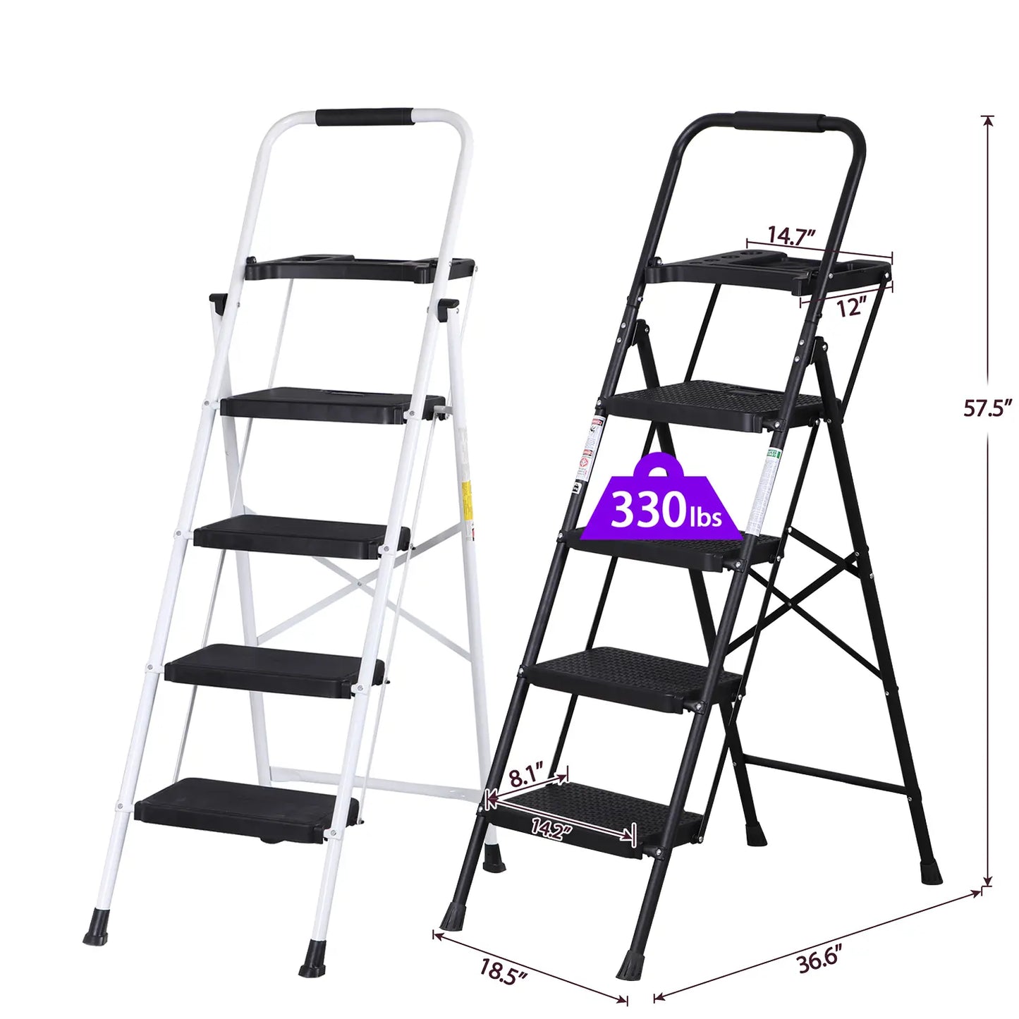5 Step Ladder Folding Steel Step Stoo W/Non-Slip Wide Pedal and Tool Tray