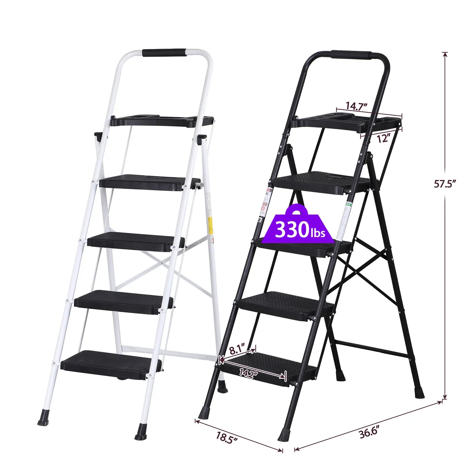 5 Step Ladder Folding Steel Step Stoo W/Non-Slip Wide Pedal and Tool Tray