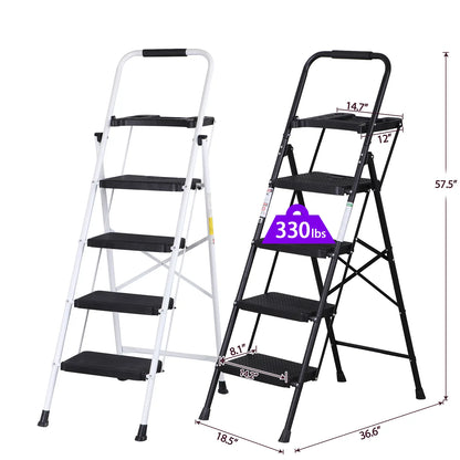 5 Step Ladder Folding Steel Step Stoo W/Non-Slip Wide Pedal and Tool Tray