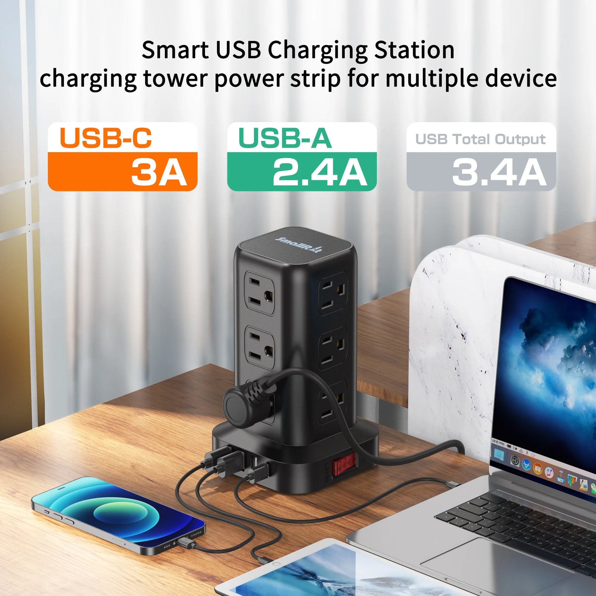 Level up your charging game! ⚡️ Power Strip Tower with 12 Outlets & 4 USB Ports + 6.5Ft Cord - Perfect for all your devices! 🖤🔌 #ChargingStation #SurgeProtector