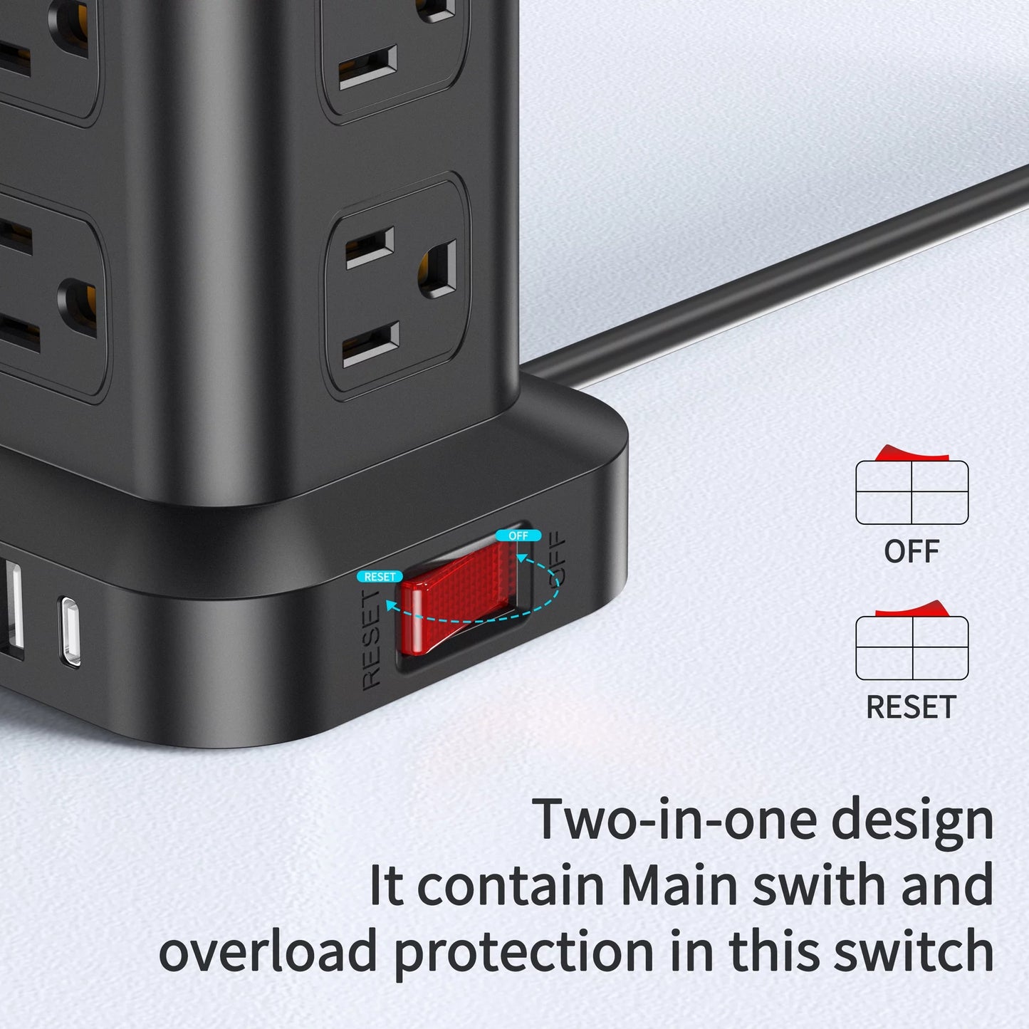 Level up your charging game! ⚡️ Power Strip Tower with 12 Outlets & 4 USB Ports + 6.5Ft Cord - Perfect for all your devices! 🖤🔌 #ChargingStation #SurgeProtector