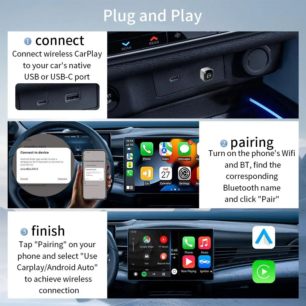 Mini Wireless Car Adapter, Car Plug & Play Adapter, Wired to Wireless Car Electronics Adapter, Compatible with Carplay