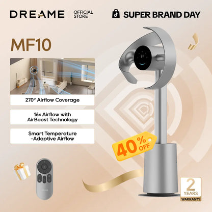 DREAME MF10 Bladeless Tower Fan for Bedroom, Smart Standing Fan with 270° Spatial Airflow for Whole-Room Circulation, 59Ft/S High Velocity, 10 Speeds 3 Modes, Temperature-Adaptive Airflow, Mf10-Beige