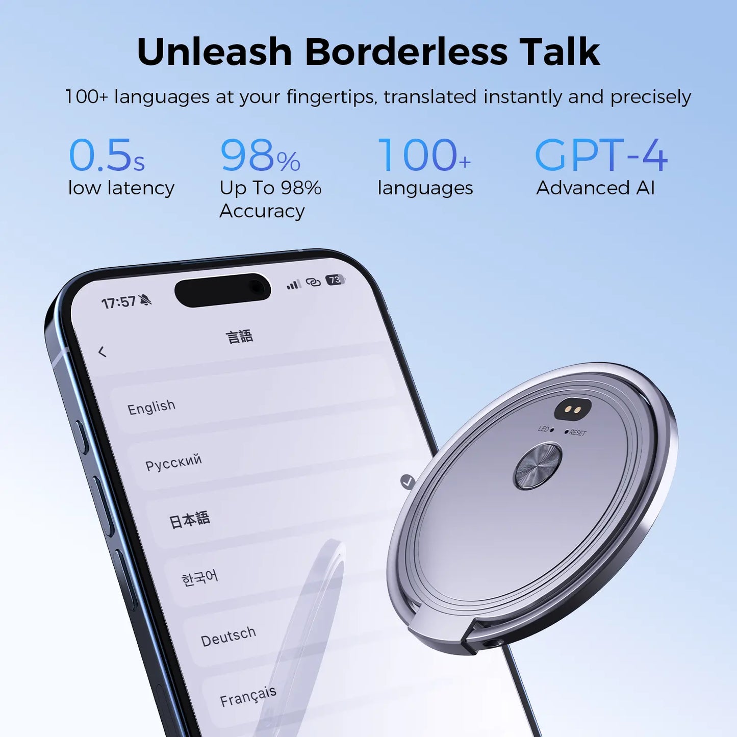 Boean 3-In-1 Portable Al Voice Translator-Support 100+ Language Smarter, Real-Time Translation, Cross-App Translation, Phone Holder, Cross App Translation, Audio Recording, GPT-5