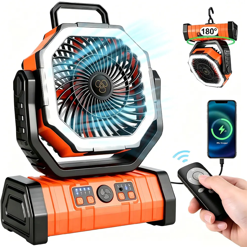 20,000 mAh Rechargeable Camping Fan with LED Light, Dual Motors, 4 Speed Settings, Remote Control, Hook, and Power Bank - Portable Solution for Emergencies and Outdoor Activities