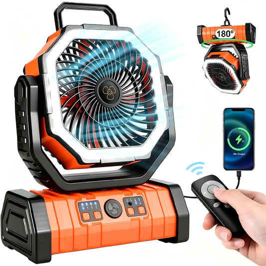 20,000 mAh Rechargeable Camping Fan with LED Light, Dual Motors, 4 Speed Settings, Remote Control, Hook, and Power Bank - Portable Solution for Emergencies and Outdoor Activities