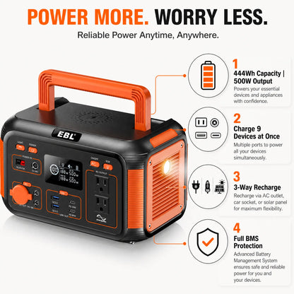 EBL 500W Portable Power Station, 444Wh Solar Generator for Outdoor Camping, RV Trip, Home Blackout Emergency Backup, 100% Pure Sine Wave Mobile Lithium Battery Pack (Solar Panel Optional)
